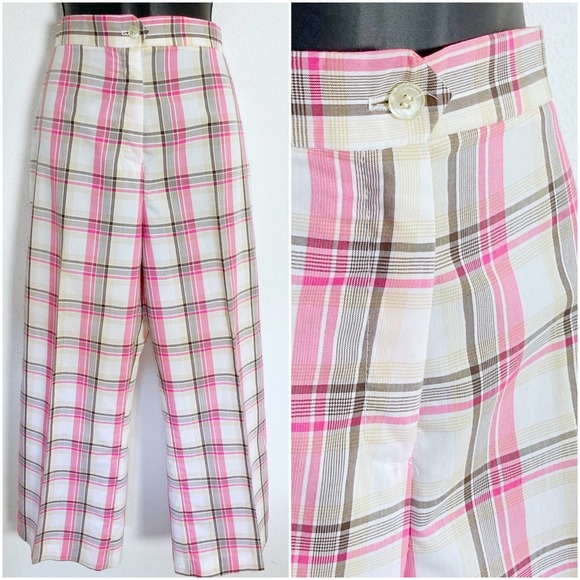 Prestige of Boston Pants - Vintage 70s Pink Plaid Tartan High Rise‎ Wide Leg Flare Pants // Size 10 Medium